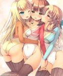  3girls ass athletic_leotard blonde_hair blue_eyes braid brown_eyes brown_hair brown_legwear chloe_lemaire commentary_request crown_braid daken-chan girl_sandwich girlfriend_(kari) highres hug leotard long_hair matching_outfit multiple_girls one_eye_closed ribbed_legwear sandwiched sasahara_nonoka shiina_kokomi short_hair thighhighs 