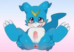  3_toes anthro anus balls bandai_namco barefoot blue_body blush butt claws digimon digimon_(species) erection feet genitals hentaib hindpaw horn male nude paws penis presenting presenting_anus presenting_hindquarters soles solo spread_butt spread_legs spreading toe_claws toes veemon 