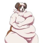  1:1 2022 absurd_res anthro belly big_belly big_breasts breast_squish breasts canid canine canis domestic_dog female front_view hi_res highlights_(coloring) huge_breasts mammal molosser mountain_dog navel nude obese obese_anthro obese_female overweight overweight_anthro overweight_female saint_bernard solo squish thick_thighs whooperscooper wide_hips 