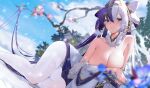  1girl azur_lane bangs bare_shoulders blue_eyes blurry blurry_background blurry_foreground blush branch breast_hold breasts calder cleavage closed_mouth crossed_bangs detached_sleeves dress dutch_angle eyebrows_visible_through_hair fur_collar gold_hairband hair_between_eyes hair_cones hair_intakes half-closed_eyes highres large_breasts long_hair looking_at_viewer multicolored_hair no_bra outdoors pantyhose purple_dress purple_hair sidelocks smile snow snowing solo split-color_hair steam streaked_hair thighband_pantyhose twintails two-tone_hair very_long_hair white_hair white_legwear ying_swei_(azur_lane) 