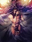  1boy bracer cape chocoblood highres horns jojo_no_kimyou_na_bouken kars_(jojo) loincloth long_hair male_focus manly muscular muscular_male pelvic_curtain purple_hair red_eyes revealing_clothes solo topless_male wavy_hair 