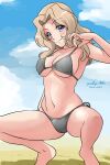  1girl adjusting_clothes adjusting_swimsuit artist_name barefoot beach bikini blonde_hair blue_eyes blue_sky breasts closed_mouth cloud cloudy_sky commentary day eyebrows_visible_through_hair girls_und_panzer grey_bikini hair_intakes halterneck kay_(girls_und_panzer) long_hair looking_at_viewer matsui_yasutsugu medium_breasts navel outdoors side-tie_bikini signature sky smile solo squatting swimsuit 