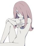  1girl breasts bright_pupils closed_mouth collarbone completely_nude crossed_arms expressionless eyebrows_visible_through_hair feet_out_of_frame flipped_hair hair_over_one_eye little_witch_academia long_hair looking_at_viewer navel nude one_eye_covered pale_skin pink_eyes pink_hair satochi sidelocks simple_background sitting small_breasts solo straight_hair sucy_manbavaran white_background white_pupils 