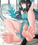  1girl absurdres aqua_hair arknights arm_up armpits bare_arms bare_legs barefoot black_hair china_dress chinese_clothes chinese_commentary dragon_girl dragon_horns dragon_tail dress dusk_(arknights) dusk_(everything_is_a_miracle)_(arknights) earrings feet foot_focus highres horns jewelry long_hair looking_at_viewer multicolored_hair official_alternate_costume pointy_ears red_eyes shoes shoes_removed sitting soles solo suiryuu_(18559651) tail tassel tassel_earrings toes 