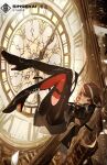  1girl ass black_legwear boots brown_hair clock clock_tower earrings green_eyes high_heel_boots high_heels highres jewelry kuronoiparoma looking_at_viewer multicolored_hair original solo thigh_boots thighhighs tower white_hair 