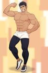  abs armpit_hair bara bare_pectorals beard biceps bulge facial_hair flexing highres large_pectorals long_sideburns male_focus mature_male muscular muscular_male navel navel_hair nipples original pectorals porkjinta pose shoes shorts sideburns smile sweat tight 