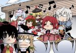  1boy 6+girls drum drumming hakurei_reimu hidefu_kitayan highres horikawa_raiko instrument kirisame_marisa lunasa_prismriver lyrica_prismriver merlin_prismriver morichika_rinnosuke multiple_girls music taiko_drum touhou trumpet violin 