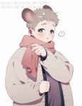  ! 1boy adjusting_scarf animal_ears blush brown_eyes commentary korean_commentary layered_clothing looking_down male_focus mongz necktie plump scarf sweat thick_eyebrows watermark white_background 