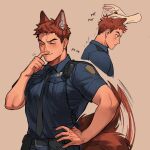  animal_ears bara belt blush dog_ears dog_tail etceteraart furry furry_male highres large_pectorals male_focus mature_male muscular muscular_male necktie original padding pectorals police police_uniform radio red_hair smile tail tail_wagging uniform 