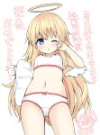  1girl ;o bangs bare_arms bare_shoulders blonde_hair blue_eyes blush bow bow_panties bra breasts carrying carrying_under_arm commentary_request detached_wings eyebrows_visible_through_hair hair_between_eyes halo hand_up highres long_hair looking_at_viewer mini_wings navel one_eye_closed original panties parted_lips pillow rubbing_eyes sakuraba_hikaru_(loveindog) signature simple_background small_breasts solo translation_request underwear underwear_only very_long_hair white_background white_bra white_panties white_wings wings 