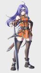  1girl ahoge armor bangs bare_shoulders belt black_footwear black_gloves breasts commentary dress elbow_gloves eyebrows_visible_through_hair fire_emblem fire_emblem:_path_of_radiance fire_emblem_heroes full_body funami_dingo gloves green_eyes grey_background grey_belt grey_legwear hairband highres long_hair looking_at_viewer mia_(fire_emblem) official_alternate_costume orange_dress pauldrons planted planted_sword purple_hair scabbard sheath shoes short_dress shoulder_armor simple_background sleeveless sleeveless_dress small_breasts smile solo standing sword thighhighs weapon white_hairband zettai_ryouiki 