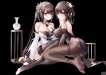  2girls absurdres ass azur_lane bangs bare_shoulders black_background black_dress black_gloves black_hair black_legwear blush bodystocking bottle braid breast_grab breasts chen_hai_(azur_lane) china_dress chinese_clothes cleavage closed_mouth collarbone detached_collar detached_sleeves dress elbow_gloves eyebrows_visible_through_hair flower gloves grabbing hair_between_eyes hair_flower hair_ornament hairband half-closed_eyes hand_on_another&#039;s_face high_heels highres lace-trimmed_gloves lace-trimmed_legwear lace_trim large_breasts long_hair long_sleeves looking_at_viewer multiple_girls no_shoes official_alternate_costume pantyhose pelvic_curtain ponytail red_eyes side_slit sidelocks simple_background smile soles thighband_pantyhose thighhighs toes very_long_hair white_dress white_flower white_footwear xiongshouji yuri 