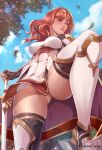  1girl ass_visible_through_thighs beads boots breasts cape celica_(fire_emblem) closed_mouth cowboy_shot day exlic fingerless_gloves fire_emblem fire_emblem_echoes:_shadows_of_valentia from_below gloves highres lips long_hair looking_afar medium_breasts orange_eyes orange_hair outdoors smile solo sword thigh_boots thighhighs tiara tree weapon 