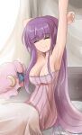  1girl armpits arms_up breasts cleavage closed_eyes closed_mouth commentary_request crescent crescent_hair_ornament hair_ornament hat highres medium_breasts mob_cap namiki_(remiter00) pajamas patchouli_knowledge purple_hair shiny shiny_skin smile solo touhou waking_up 