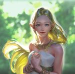  1girl backlighting bare_shoulders blonde_hair blue_eyes blurry blurry_background bracelet breasts crying crying_with_eyes_open day eyelashes floating_hair hair_behind_ear jewelry lechu lips long_hair looking_at_viewer nature necklace own_hands_together pointy_ears princess_zelda solo strapless tears the_legend_of_zelda the_legend_of_zelda:_breath_of_the_wild upper_body 