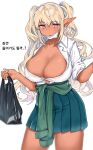  1girl absurdres bag bangs blonde_hair blue_skirt blush breasts cleavage clothes_around_waist dark_elf dark_elven_forest_ranger elf eyebrows_visible_through_hair gaeguribanchan hair_between_eyes highres holding holding_bag korean_commentary korean_text large_breasts last_origin long_hair looking_at_viewer mask mask_pull mouth_mask parted_lips pleated_skirt pointy_ears purple_eyes shirt simple_background skirt solo sweat white_background white_shirt 