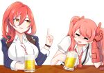  2girls :d alcohol bangs beer beer_mug blue_jacket blush breasts closed_eyes cup drunk earrings frederica_nikola_tesla glasses hair_between_eyes highres holding holding_cup honkai_(series) honkai_impact_3rd jacket jewelry large_breasts long_hair long_sleeves mechanical_arms mug multiple_girls murata_himeko necktie open_mouth polo_shirt ponytail red_necktie ritore shirt short_sleeves single_mechanical_arm smile table teacher twintails watch white_background white_shirt wristwatch 