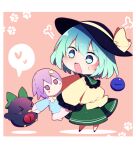  &gt;_&lt; 1girl absurdres bangs bird black_headwear blush bow chibi doll eyebrows_visible_through_hair full_body green_bow green_eyes green_hair green_skirt hat hat_ribbon heart highres holding holding_stuffed_toy komeiji_koishi komeiji_satori long_sleeves looking_at_viewer open_mouth orange_background paw_print reiuji_utsuho reiuji_utsuho_(bird) ribbon shirt short_hair simple_background skirt spoken_heart standing stuffed_toy sweatdrop third_eye touhou v-shaped_eyebrows wide_sleeves yellow_ribbon yellow_shirt you_(noanoamoemoe) 