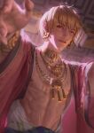  1boy abs arabian_clothes baiyelingbyl blonde_hair bracelet chinese_commentary collarbone earrings fate/extella fate/extra fate_(series) gilgamesh_(fate) jewelry light_particles long_sleeves looking_at_viewer male_focus necklace nipples official_alternate_costume open_clothes red_eyes short_hair smile sweat toned toned_male upper_body wide_sleeves 
