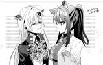  2girls :d ^_^ animal_ear_fluff animal_ears arknights bangs blush bouquet chihuri closed_eyes closed_mouth collared_shirt diagonal-striped_neckwear diagonal_stripes ear_piercing extra_ears eyebrows_visible_through_hair facing_another fang flower greyscale hair_between_eyes hair_ornament hairclip highres jacket lappland_(arknights) long_hair looking_at_another monochrome multiple_girls necktie open_clothes open_jacket piercing ponytail rose shirt smile striped texas_(arknights) translated upper_body very_long_hair white_background 