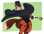  &quot;honest&quot;_john_foulfellow 2022 a-side anthro brown_body brown_fur bulge cane canid canine cape clothing disney fox fur gloves green_eyes handwear hat headgear headwear hi_res looking_at_viewer male mammal pinocchio rubber rubber_clothing rubber_suit solo suit thick_thighs top_hat whiskers wide_hips 