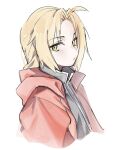  1boy ahoge blonde_hair closed_mouth coat cropped_torso edward_elric fullmetal_alchemist gaeguribanchan highres hood hood_down hooded_coat long_hair looking_at_viewer male_focus red_coat simple_background solo upper_body white_background yellow_eyes 