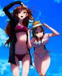  1girl bikini black_coat blue_sky breasts brown_eyes brown_hair cloud coat commentary_request cowboy_shot frilled_bikini frills hair_ribbon hat highres houjou_hibiki long_hair medium_breasts minamino_kanade precure purple_bikini ribbon rikito1087 sky solo suite_precure sun_hat swimsuit two_side_up white_bikini 