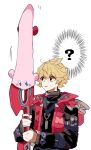  1boy ? blonde_hair blue_eyes commentary_request eyebrows_visible_through_hair holding holding_sword holding_weapon kirby kirby_(series) kirby_and_the_forgotten_land monado mouthful_mode mugimugis short_hair shulk_(xenoblade) simple_background spoken_question_mark super_smash_bros. sword upper_body weapon white_background xenoblade_chronicles xenoblade_chronicles_(series) 