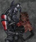  1_eye ambiguous_gender armor armwear bonksoundeffect choker clothing commander_shepard cuddling dress duo ear_piercing ear_ring elbow_gloves female female/ambiguous geth gloves glowing glowing_eyes handwear hi_res human jewelry larger_ambiguous legion_(mass_effect) machine mammal mass_effect necklace piercing robot size_difference smaller_female smaller_human standing video_games 