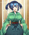  1girl artist_name blue_eyes blue_hair blush breasts brown_gloves gloves green_hakama green_kimono hair_between_eyes hakama highres japanese_clothes kantai_collection kimono large_breasts long_sleeves open_mouth partially_fingerless_gloves short_hair signature smile solo souryuu_(kancolle) twintails umigarasu_(kitsune1963) upper_body web_address wide_sleeves yugake 