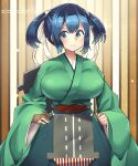  1girl artist_name blue_eyes blue_hair blush breasts brown_gloves closed_mouth flight_deck gloves green_hakama green_kimono hair_between_eyes hakama highres japanese_clothes kantai_collection kimono large_breasts long_sleeves partially_fingerless_gloves short_hair signature smile solo souryuu_(kancolle) twintails umigarasu_(kitsune1963) upper_body web_address wide_sleeves yugake 