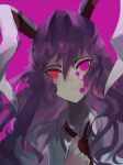  1girl animal_ears bangs blood blood_on_face closed_mouth collared_shirt english_commentary grey_shirt hair_between_eyes hand_up highres long_hair looking_at_viewer naufaldreamer necktie pink_background puffy_short_sleeves puffy_sleeves purple_blood purple_hair rabbit_ears red_eyes red_necktie reisen_udongein_inaba shirt short_sleeves simple_background solo teeth touhou upper_body wavy_hair 