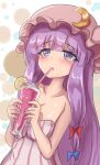  1girl bare_shoulders blush breasts cleavage commentary_request crescent crescent_hat_ornament cup drinking_glass drinking_straw food fruit hat hat_ornament highres ice ice_cube lemon lemon_slice mob_cap namiki_(remiter00) patchouli_knowledge purple_hair shiny shiny_hair shiny_skin solo sweat touhou 
