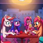  applejack_(mlp) cellphone circlet cutie_mark diner earth_pony equid equine fluttershy_(mlp) friendship_is_magic furniture hasbro horn horse izzy_moonbow_(mlp) juice_box mammal mlp_g5 my_little_pony pegasus phone pinkie_pie_(mlp) pipp_petals_(mlp) pony rainbow_dash_(mlp) rarity_(mlp) scribble-potato smartphone sunny_starscout_(mlp) table twilight_sparkle_(mlp) unicorn wings zipp_storm_(mlp) 