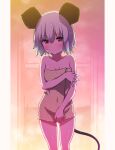  1girl animal_ears arm_under_breasts bangs bare_shoulders blush border breasts covered_navel eyebrows_visible_through_hair feet_out_of_frame hair_between_eyes highres looking_at_viewer mouse_ears mouse_tail naked_towel nazrin otoufu_(wddkq314band) pillarboxed red_eyes short_hair silver_hair small_breasts solo standing steam tail thighs touhou towel white_border 