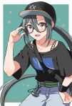  1girl amagiri_(kancolle) black_headwear black_shirt blush border collarbone cowboy_shot eyebrows_visible_through_hair glasses grey-framed_eyewear grey_eyes grey_hair grey_pants hair_between_eyes hat highres kantai_collection long_hair natsume_(natsume_melio) open_mouth pants ponytail shirt short_sleeves smile solo star_(symbol) twitter_username white_border 