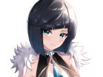  1girl asymmetrical_bangs bangs blue_hair blunt_bangs blush bob_cut breasts closed_mouth dice eyebrows_visible_through_hair fur_trim genshin_impact green_eyes highres jewelry looking_at_viewer mole mole_on_breast momojotaro92 short_hair upper_body white_background yelan_(genshin_impact) 