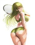  1girl :d ahoge arm_at_side ass ass_focus bangs bare_shoulders blush bra breasts cowboy_shot dolphin_shorts eyebrows_visible_through_hair from_behind green_eyes green_hair green_nails green_sports_bra grin hair_between_eyes holding holding_racket large_breasts long_hair looking_at_viewer looking_back looking_to_the_side nail_polish navel non-web_source open_mouth original racket short_shorts shorts shoulder_blades sidelocks smile solo sport sports_bra sportswear standing teeth tennis thighs third-party_edit tokkihouse twintails underbutt underwear white_background 