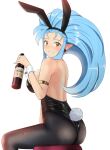 1girl absurdres alcohol alternate_costume animal_ears armlet ass black_leotard blue_hair blush bottle breasts commentary_request earrings fake_animal_ears grin highres holding holding_bottle jewelry large_breasts leotard liquor long_hair looking_at_viewer pantyhose playboy_bunny pointy_ears rabbit_ears rabbit_tail ryouko_(tenchi_muyou!) sitting smile solo spiked_hair stool strapless strapless_leotard tail tenchi_muyou! wrist_cuffs yellow_eyes ykh1028 