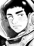  1boy afro astronaut black_hair blush facial_hair greyscale highres keroko_(keroooon) looking_at_viewer male_focus monochrome nanba_mutta solo spacesuit stubble sweatdrop thick_eyebrows uchuu_kyoudai upper_body 