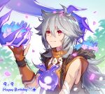  1boy 99plum bandaged_arm bandages bangs birthday brown_gloves closed_mouth commentary_request dated fur_trim genshin_impact gloves grey_hair hair_between_eyes happy_birthday highres hood hood_down long_hair partially_fingerless_gloves petals razor_(genshin_impact) scar scar_on_arm scar_on_face seelie_(genshin_impact) sparkle twitter_username upper_body very_long_hair 
