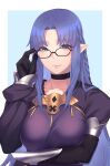  1girl arm_under_breasts bangs bespectacled black-framed_eyewear black_choker black_gloves blue_background blue_eyes blue_hair braid breasts choker collarbone commentary_request eyebrows_visible_through_hair eyes_visible_through_hair fate_(series) glasses gloves hand_on_eyewear highres hikichi_sakuya large_breasts light_smile long_sleeves looking_at_viewer medea_(fate) parted_bangs pointy_ears simple_background solo upper_body 