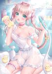  1girl :o animal_ears apron aqua_eyes bangs bathroom bathtub bell blonde_hair blush bow breasts bubble cat_ears cat_girl cat_tail cleavage collarbone commentary_request eyebrows_visible_through_hair foam hair_ribbon highres holding holding_shower_head holding_sponge jingle_bell kohinata_hoshimi long_hair looking_at_viewer naked_apron neck_ribbon on_floor original ribbon rubber_duck see-through seiza shower_head sitting small_breasts soap_bubbles sponge tail tail_bow tail_ornament thigh_strap twintails water wet wet_clothes 
