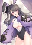  1girl :d absurdres animal_ears azur_lane bare_shoulders black_hair black_leotard bow breasts chan&#039;nu clothing_cutout covered_navel cowboy_shot fake_animal_ears frilled_leotard frills hair_bow hair_ornament hairband hairclip hand_to_own_mouth highleg highleg_leotard highres jacket large_breasts leotard long_hair looking_at_viewer off_shoulder one_side_up open_clothes open_jacket pamiat_merkuria_(azur_lane) puffy_sleeves purple_eyes purple_jacket rabbit_ears raised_eyebrow skindentation smile smug solo standing thighs underboob underboob_cutout 