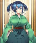  1girl artist_name blue_eyes blue_hair blush breasts brown_gloves closed_mouth gloves green_hakama green_kimono hair_between_eyes hakama highres japanese_clothes kantai_collection kimono large_breasts long_sleeves partially_fingerless_gloves short_hair signature smile solo souryuu_(kancolle) twintails umigarasu_(kitsune1963) upper_body web_address wide_sleeves yugake 