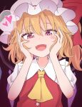  1girl ascot bangs blonde_hair blush brown_background buttons collared_shirt commentary_request crystal dress eyebrows_visible_through_hair eyes_visible_through_hair fang fangs flandre_scarlet hair_between_eyes hands_on_own_face hands_up haruki_reimari hat hat_ribbon heart heart-shaped_pupils jewelry looking_at_viewer mob_cap multicolored_wings one_side_up open_mouth pink_eyes pink_heart puffy_short_sleeves puffy_sleeves red_dress red_ribbon ribbon shirt short_hair short_sleeves simple_background smile solo symbol-shaped_pupils tongue touhou white_headwear white_shirt wings yellow_ascot 