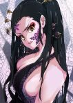  1girl aosora2823 black_hair black_shirt breasts cleavage collarbone daki_(kimetsu_no_yaiba) eyelashes facial_tattoo hair_ornament hairpin head_tilt highres kimetsu_no_yaiba long_hair looking_at_viewer makeup mascara medium_breasts parted_lips red_lips shiny shiny_hair shirt sideboob sleeveless sleeveless_shirt solo tattoo upper_body very_long_hair 