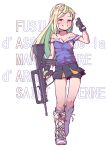  1girl assault_rifle bare_shoulders bike_shorts_under_skirt blonde_hair blush boots bullpup character_name contrapposto cross-laced_footwear famas famas_(girls&#039;_frontline) fingerless_gloves french_text girls&#039;_frontline gloves green_eyes grey_legwear gun highres jarv knee_boots lace-up_boots long_hair looking_at_viewer loose_socks pointing pointing_at_self rifle smile solo weapon white_background 