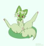 anthro breasts felid feline female fur genitals green_body green_fur hi_res legs_up looking_down mammal nintendo on_display open_mouth pawpads paws pok&eacute;mon presenting pussy red_eyes sitting solo spread_legs spreading sprigatito thick_thighs video_games 