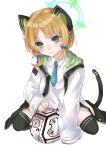  1girl ^^^ asymmetrical_bangs bangs black_jacket blonde_hair blue_archive blue_necktie blush bow cat_ear_headphones cat_tail chesed_(blue_archive) closed_mouth collared_shirt green_bow green_eyes green_jacket hair_bow halo headphones highres hood hooded_jacket jacket long_sleeves looking_at_viewer midori_(blue_archive) multicolored_clothes multicolored_jacket necktie on_floor open_clothes open_jacket shirt short_hair short_necktie simple_background sleeves_past_fingers sleeves_past_wrists solo tail thighhighs white_background white_jacket white_shirt zn30en 